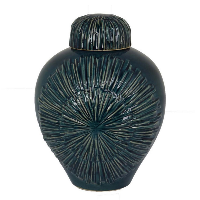 Benjara Accent Flower Vase w Lid- Rich Textured Deep Blue Ceramic- 13 Inch