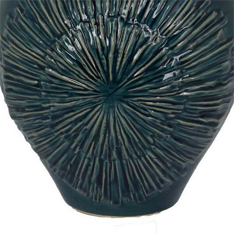 Benjara Accent Flower Vase w Lid- Rich Textured Deep Blue Ceramic- 13 Inch