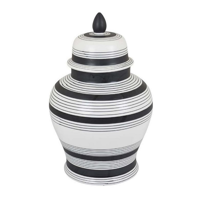 Benjara Decorative Jar w Lid- Minimalist Contrast- White Blue Lines- 16 Inch