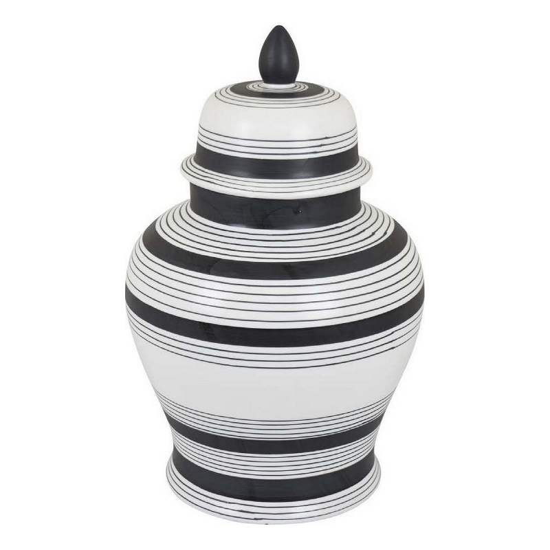 Benjara Decorative Jar w Lid- Minimalist Contrast- White Blue Lines- 16 Inch