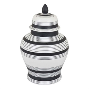 Benjara Decorative Jar w Lid- Minimalist Contrast- White Blue Lines- 16 Inch