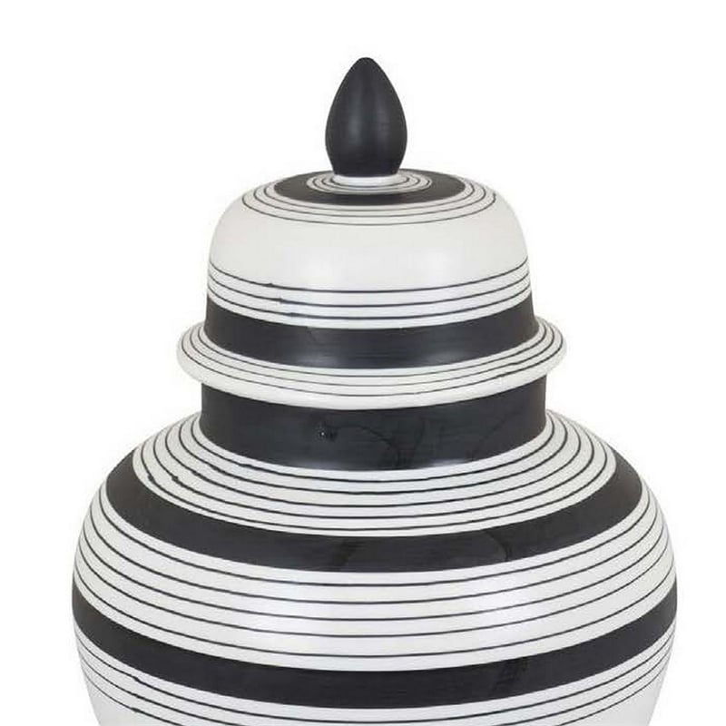 Benjara Decorative Jar w Lid- Minimalist Contrast- White Blue Lines- 16 Inch