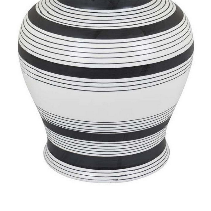Benjara Decorative Jar w Lid- Minimalist Contrast- White Blue Lines- 16 Inch