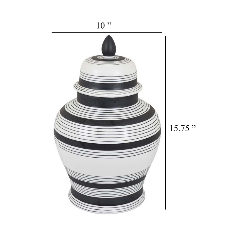 Benjara Decorative Jar w Lid- Minimalist Contrast- White Blue Lines- 16 Inch