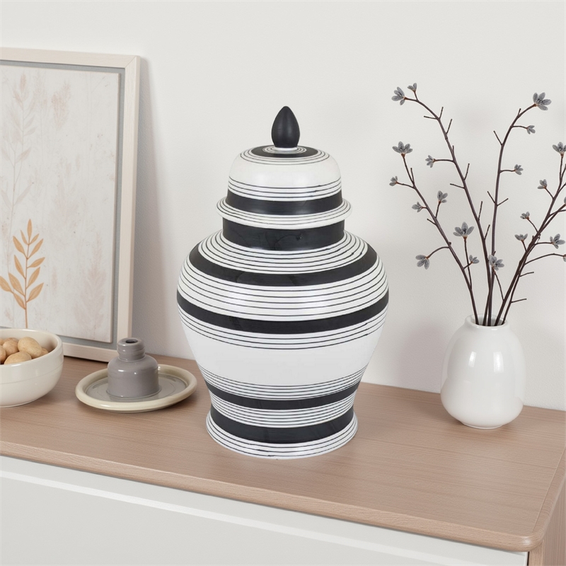 Benjara Decorative Jar w Lid- Minimalist Contrast- White Blue Lines- 16 Inch