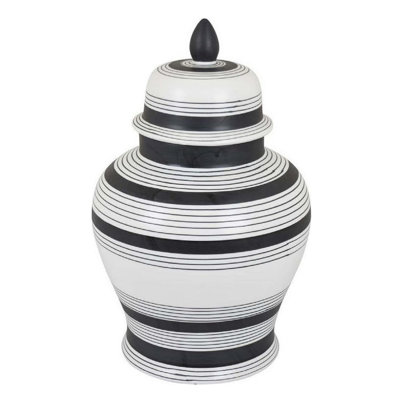 Benjara Decorative Jar w Lid- Minimalist Contrast- White Blue Lines- 16 Inch