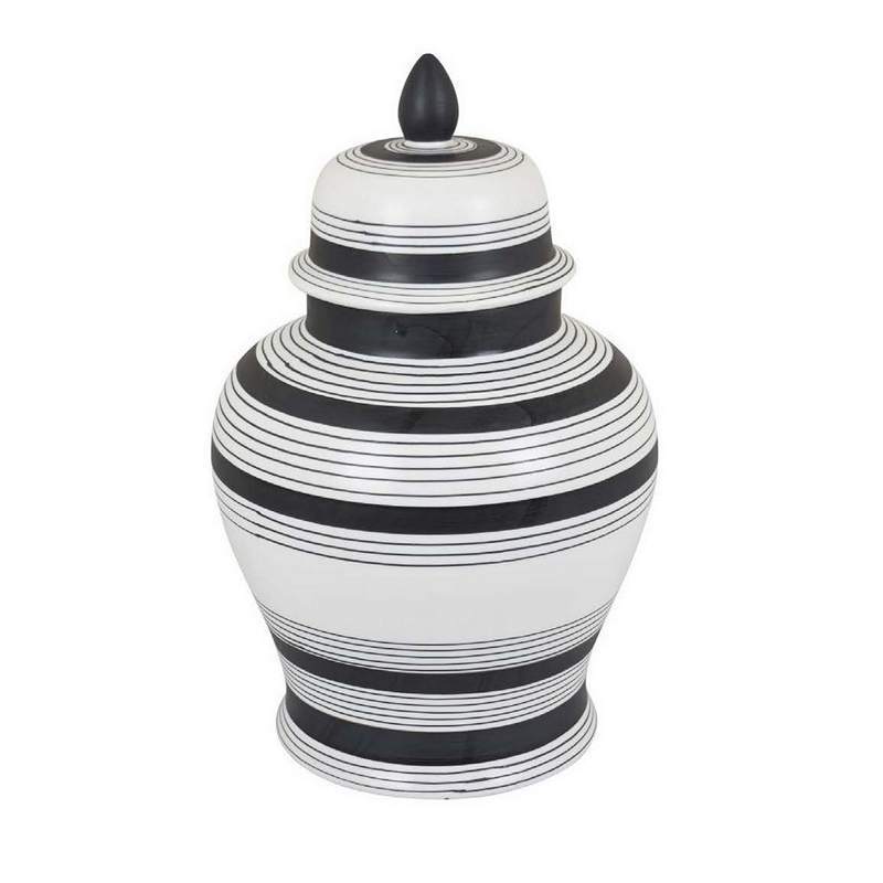 Benjara Decorative Jar w Lid- Minimalist Contrast- White Blue Lines- 16 Inch