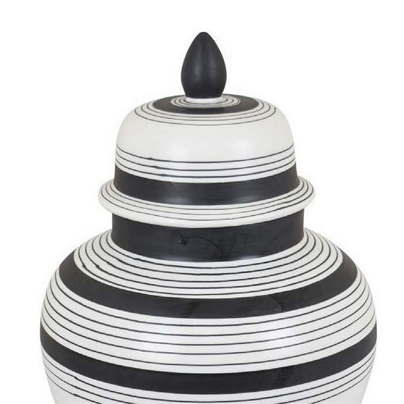 Benjara Decorative Jar w Lid- Minimalist Contrast- White Blue Lines- 16 Inch