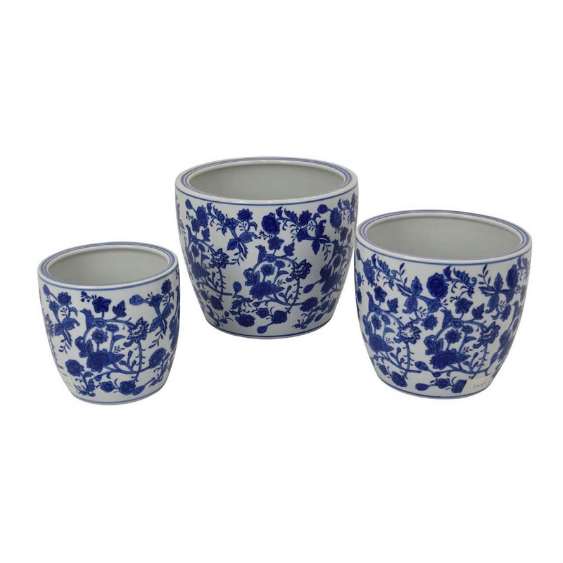Benjara Garden Planter Set of 3- Classical Ceramic Blue White Floral Pattern