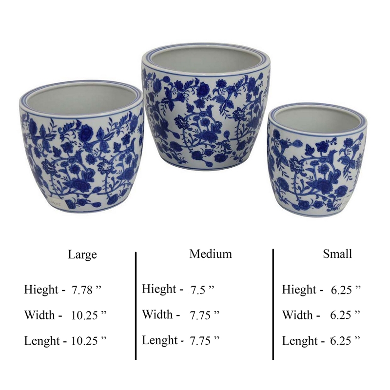 Benjara Garden Planter Set of 3- Classical Ceramic Blue White Floral Pattern