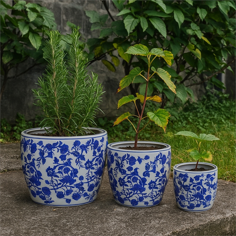 Benjara Garden Planter Set of 3- Classical Ceramic Blue White Floral Pattern