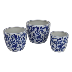 Benjara Garden Planter Set of 3- Classical Ceramic Blue White Floral Pattern