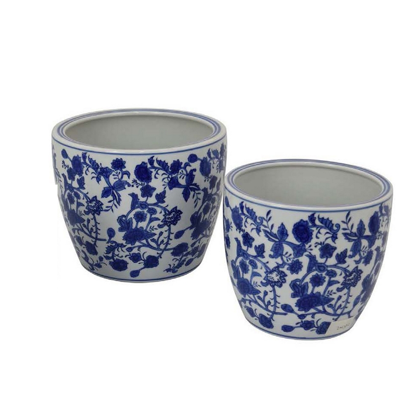 Benjara Garden Planter Set of 3- Classical Ceramic Blue White Floral Pattern
