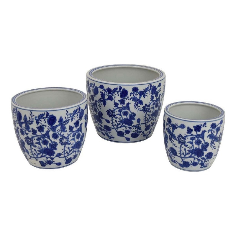 Benjara Garden Planter Set of 3- Classical Ceramic Blue White Floral Pattern