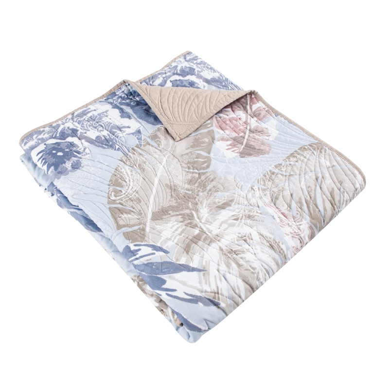 Benjara Heli 50x60 Quilted Throw Blanket- Blue Pink- Khaki Tropical Print