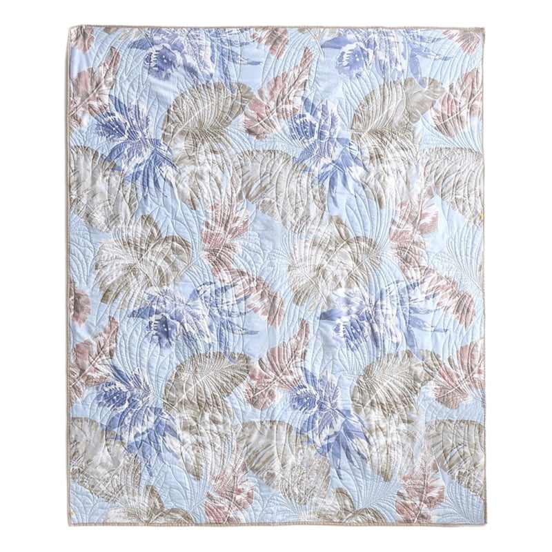 Benjara Heli 50x60 Quilted Throw Blanket- Blue Pink- Khaki Tropical Print