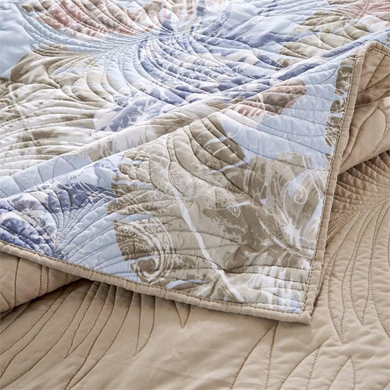 Benjara Heli 50x60 Quilted Throw Blanket- Blue Pink- Khaki Tropical Print