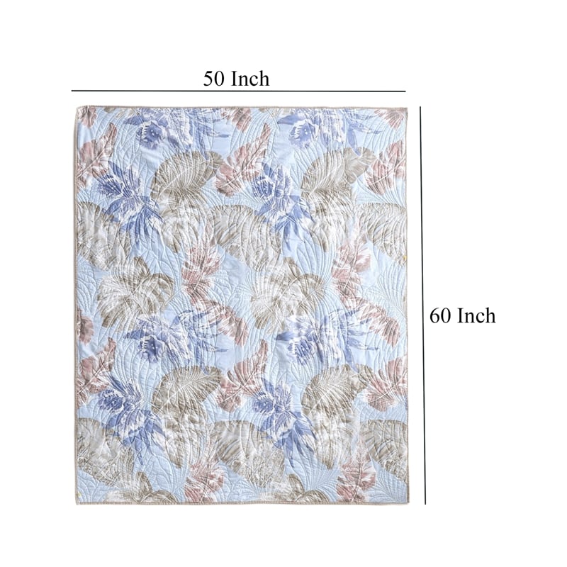 Benjara Heli 50x60 Quilted Throw Blanket- Blue Pink- Khaki Tropical Print