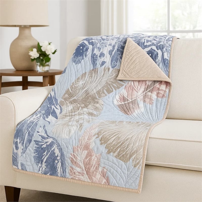 Benjara Heli 50x60 Quilted Throw Blanket- Blue Pink- Khaki Tropical Print