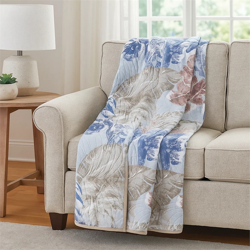 Benjara Heli 50x60 Quilted Throw Blanket- Blue Pink- Khaki Tropical Print