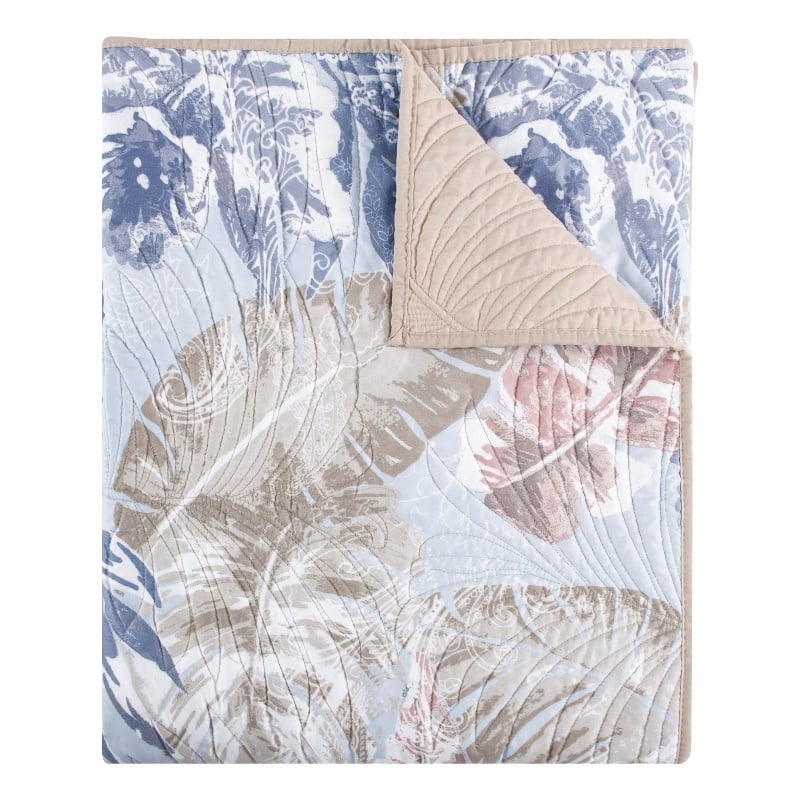 Benjara Heli 50x60 Quilted Throw Blanket- Blue Pink- Khaki Tropical Print