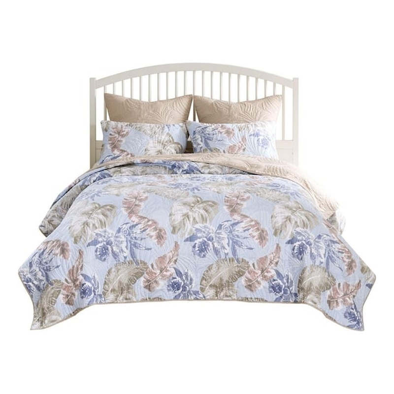 Benjara Heli 2pc Twin Size Quilt Set- Blue- Sandy Pink- Khaki Tropical Print