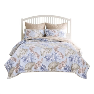 Benjara Heli 2pc Twin Size Quilt Set- Blue- Sandy Pink- Khaki Tropical Print