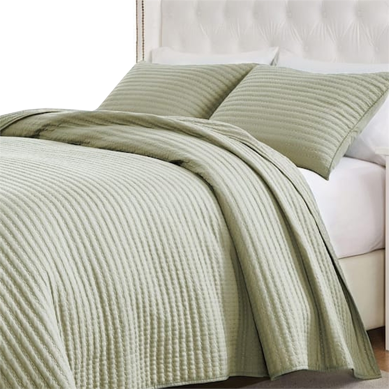 Benjara Vins 2pc Twin Size Quilt Set- Cotton Fill- Polyester Shell- Sage Green