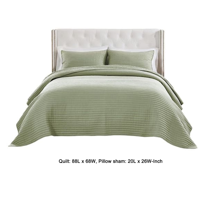 Benjara Vins 2pc Twin Size Quilt Set- Cotton Fill- Polyester Shell- Sage Green