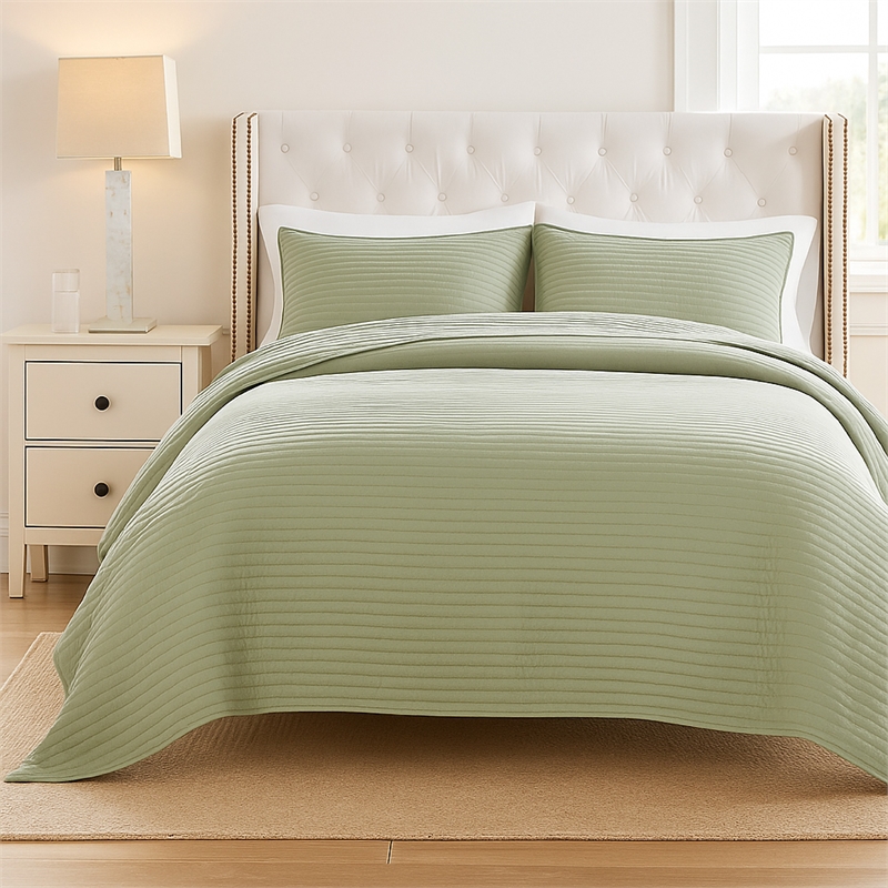 Benjara Vins 2pc Twin Size Quilt Set- Cotton Fill- Polyester Shell- Sage Green