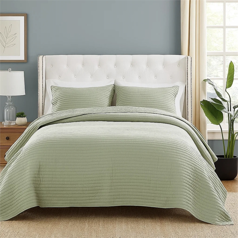 Benjara Vins 2pc Twin Size Quilt Set- Cotton Fill- Polyester Shell- Sage Green