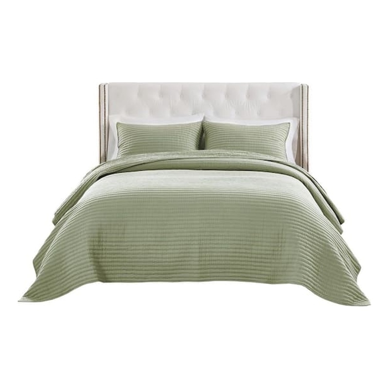 Benjara Vins 2pc Twin Size Quilt Set- Cotton Fill- Polyester Shell- Sage Green
