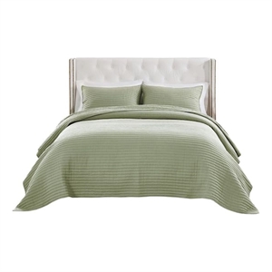 Benjara Vins 2pc Twin Size Quilt Set- Cotton Fill- Polyester Shell- Sage Green