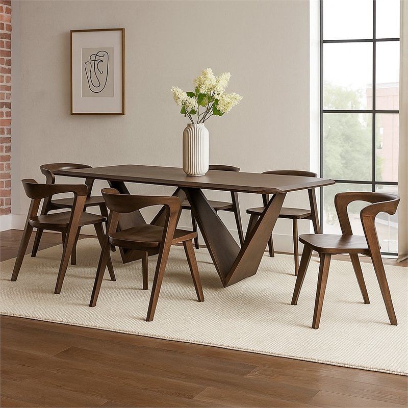 Benjara Rumy 7pc Extendable Dining Table Set- 6 Chairs- Diamond Edge- Brown