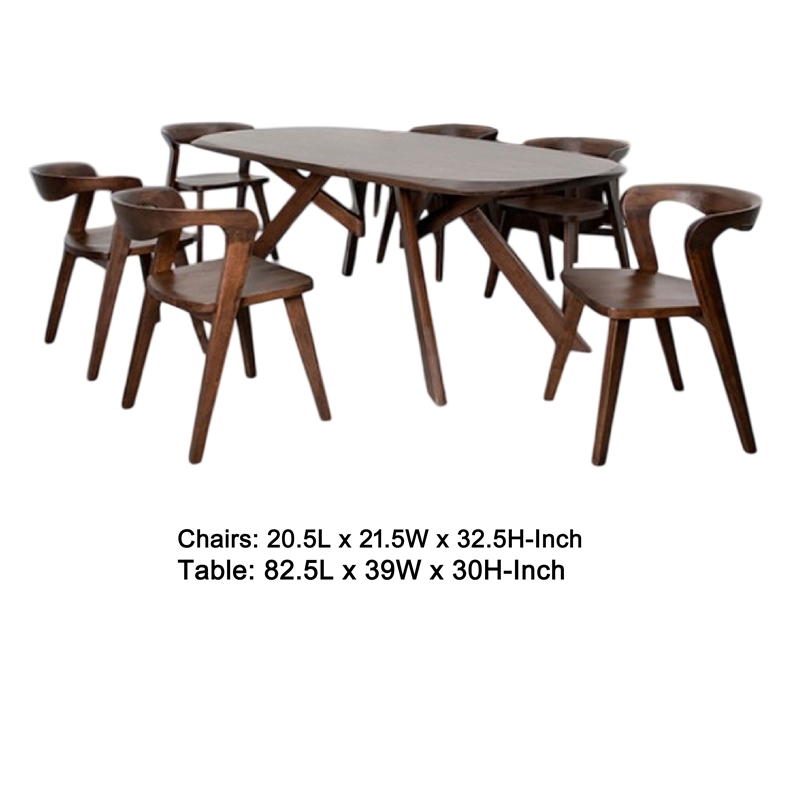 Benjara Ziva 7pc Dining Table Set- 6 Side Chairs- 3D Edges- Brown Solid Wood