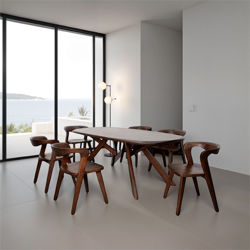 Benjara Ziva 7pc Dining Table Set- 6 Side Chairs- 3D Edges- Brown Solid Wood