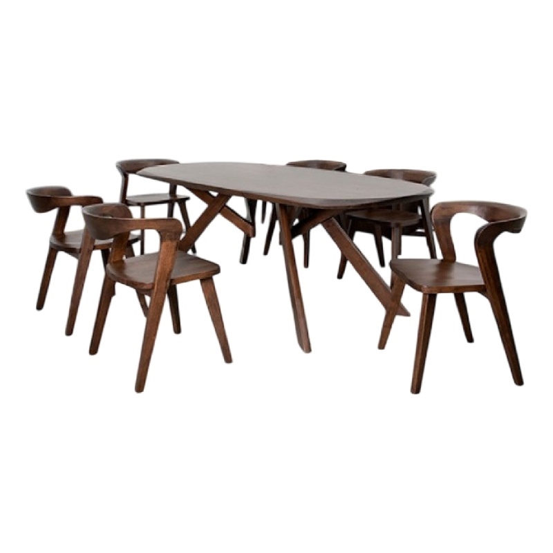 Benjara Ziva 7pc Dining Table Set- 6 Side Chairs- 3D Edges- Brown Solid Wood