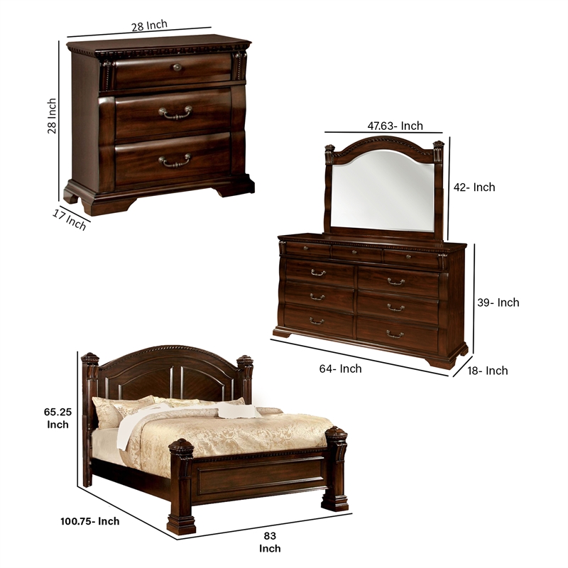 Benjara Koi 4 PC California King Bedroom Set- Cherry Brown Wood