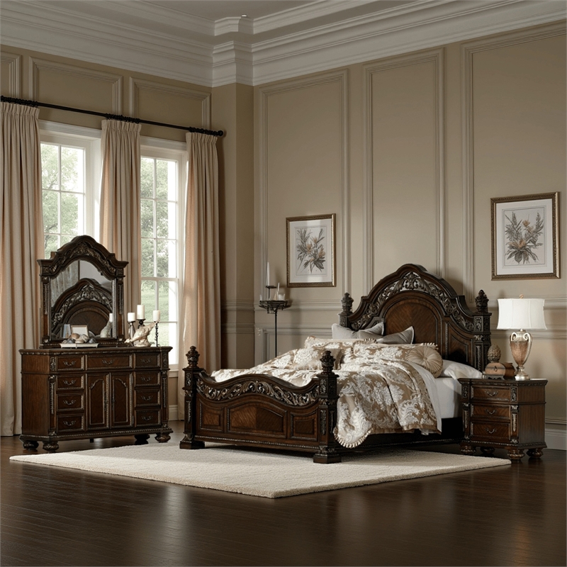 Benjara Koi 4 PC California King Bedroom Set- Cherry Brown Wood