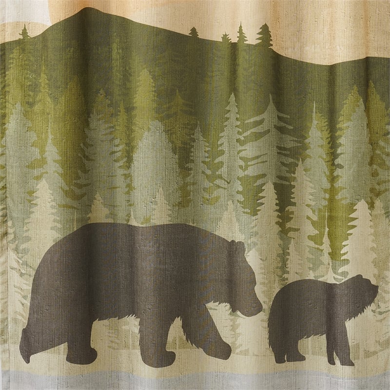 Benjara Kip 2 Panels Curtain Set- Microfiber- Green and Beige Mountain Scenery