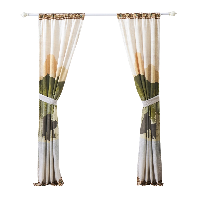 Benjara Kip 2 Panels Curtain Set- Microfiber- Green and Beige Mountain Scenery