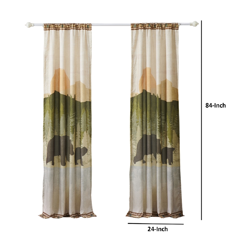 Benjara Kip 2 Panels Curtain Set- Microfiber- Green and Beige Mountain Scenery