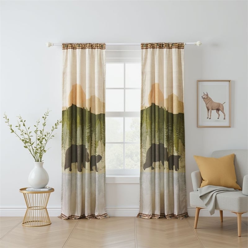 Benjara Kip 2 Panels Curtain Set- Microfiber- Green and Beige Mountain Scenery