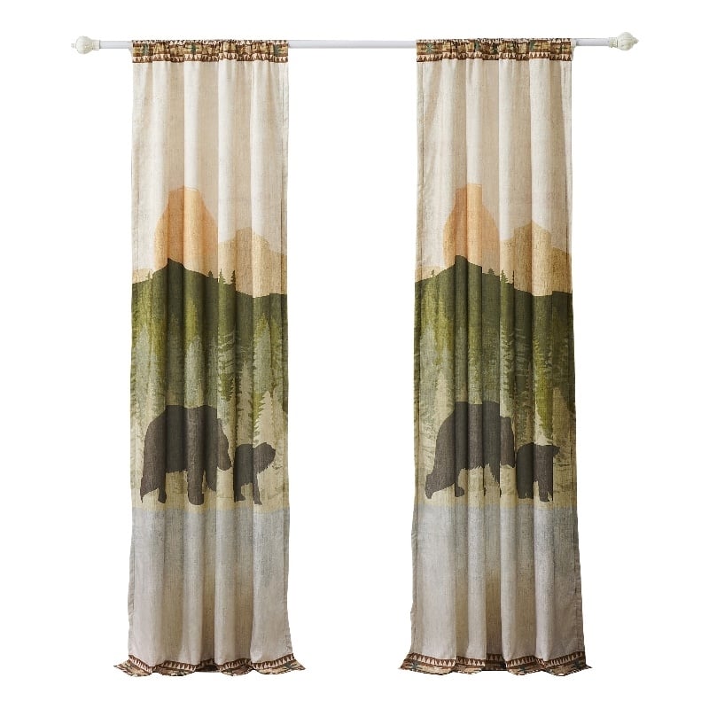 Benjara Kip 2 Panels Curtain Set- Microfiber- Green and Beige Mountain Scenery