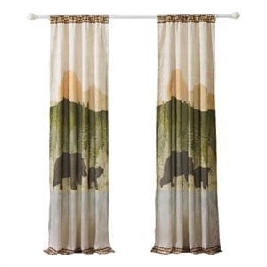 Benjara Kip 2 Panels Curtain Set- Microfiber- Green and Beige Mountain Scenery
