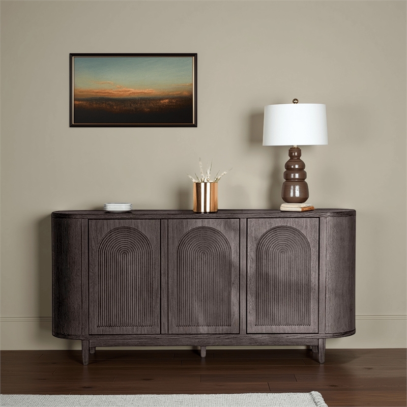 Benjara Zoko Sideboard Buffet Console- Arched Design Doors- Gray Wood 77 Inch