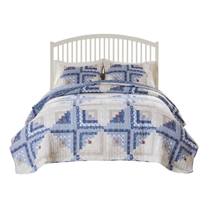 Benjara Binu 2pc Twin Size Quilt Set- Winter Log Cabin Blue White- Reversible