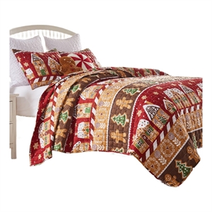 Benjara Redu 2pc Twin Size Quilt Set- Holiday Theme Gingerbread Microfiber