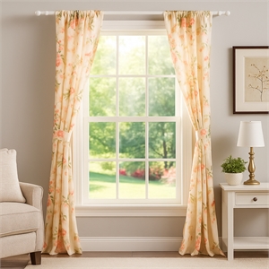 Benjara Givi 2 Panel Curtain Set- Microfiber- Orange and White Floral Pattern