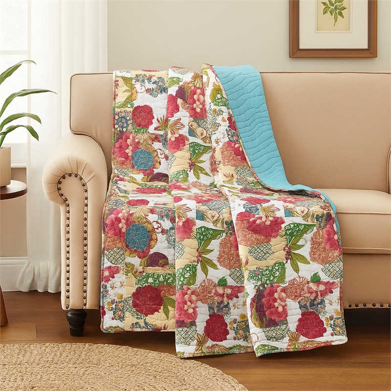 Benjara Lewi Throw Blanket- 50x60- Floral Pattern Bright Multicolored Cotton